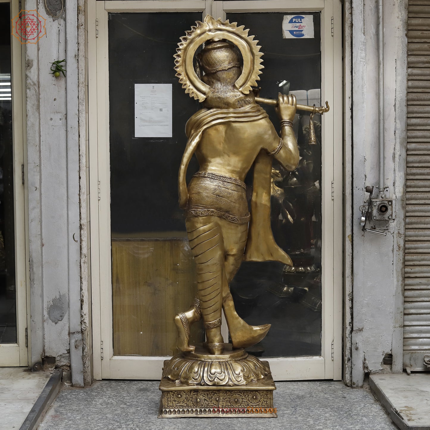 Brass Krishna Playing Flute, Golden Finish, 79"