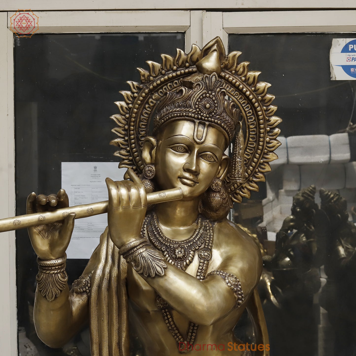 Brass Krishna Playing Flute, Golden Finish, 79"
