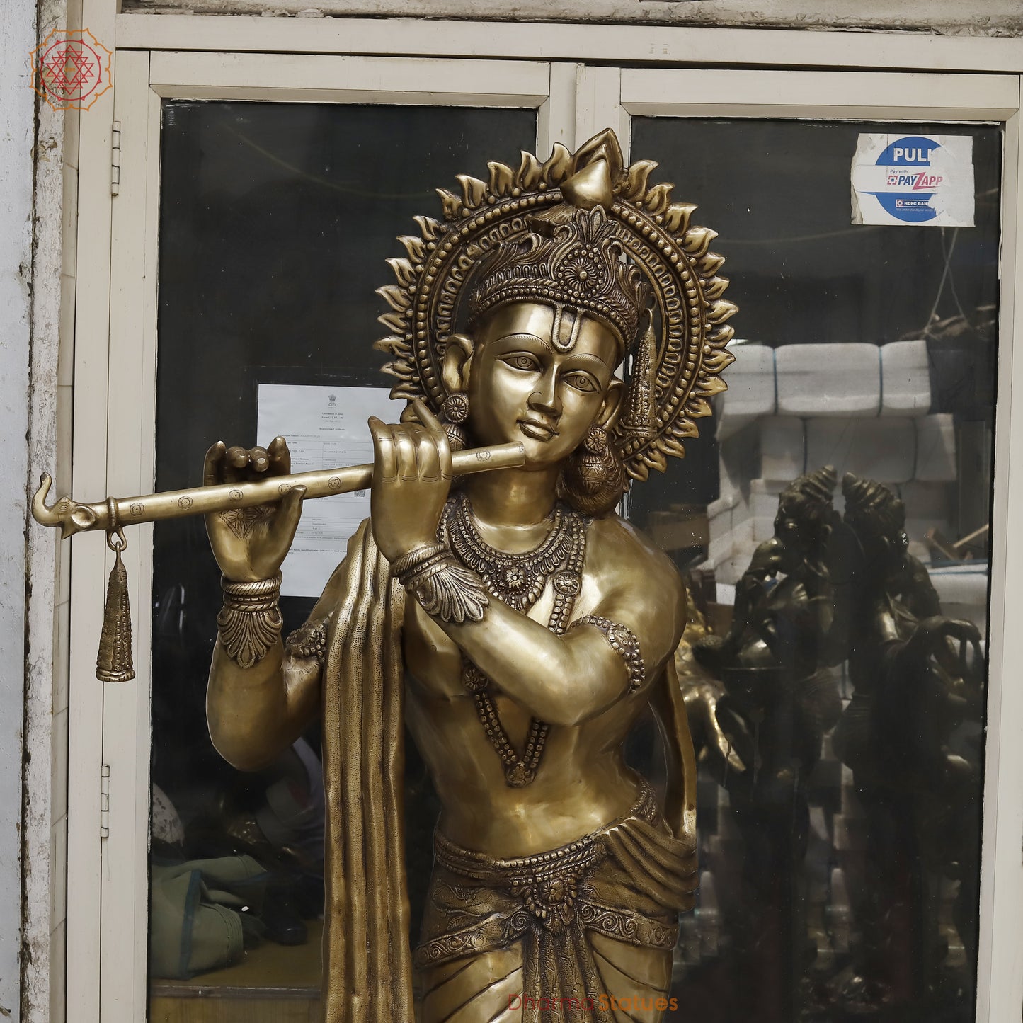 Brass Krishna Playing Flute, Golden Finish, 79"
