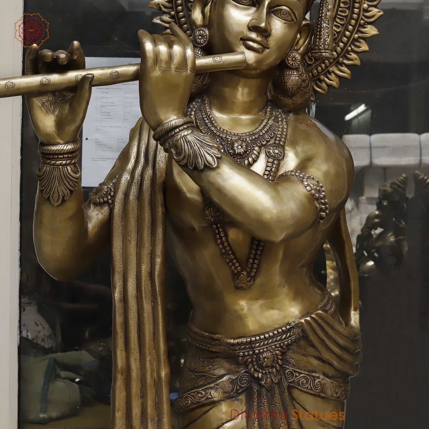 Brass Krishna Playing Flute, Golden Finish, 79"
