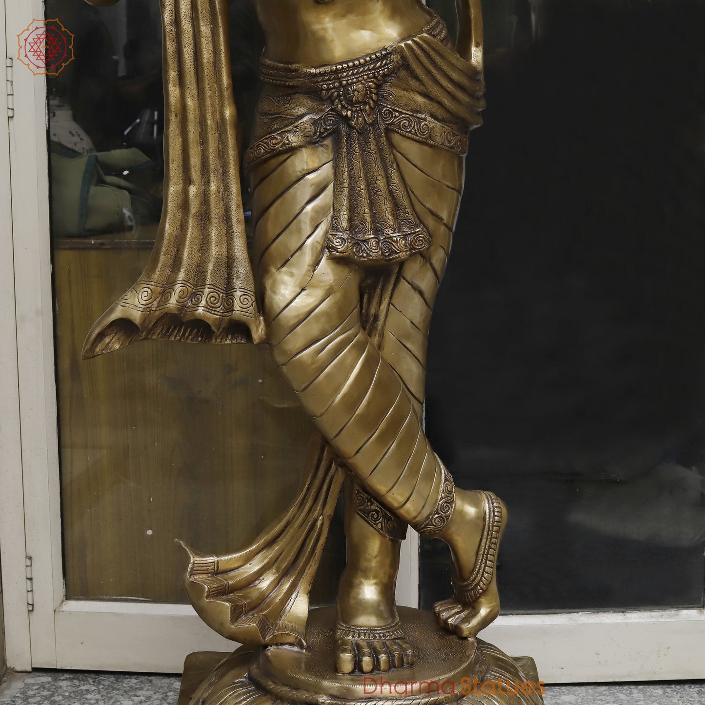 Brass Krishna Playing Flute, Golden Finish, 79"