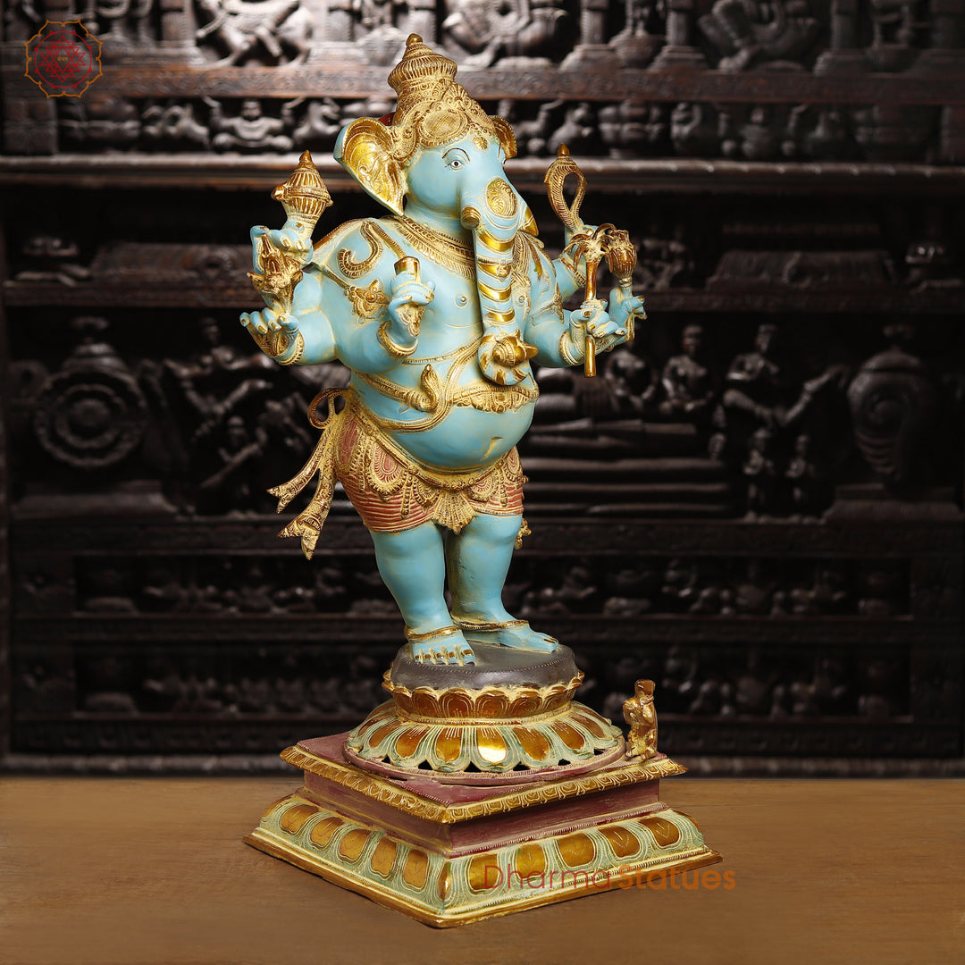 Brass Ganesh Standing Holding Sugarcane, South Indian Finish, 36"