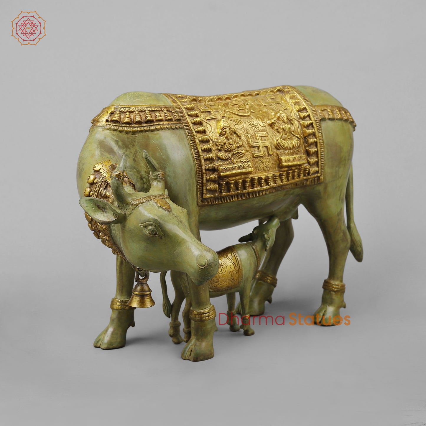 Brass Cow with Calf, Green Patina & Golden Finish, 12"