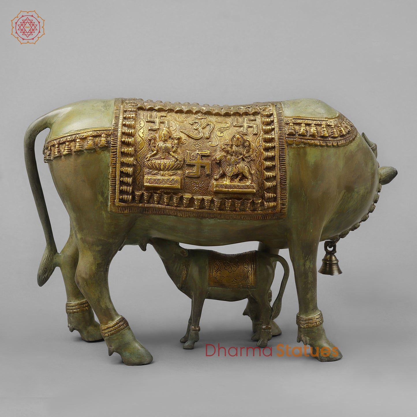 Brass Cow with Calf, Green Patina & Golden Finish, 12"