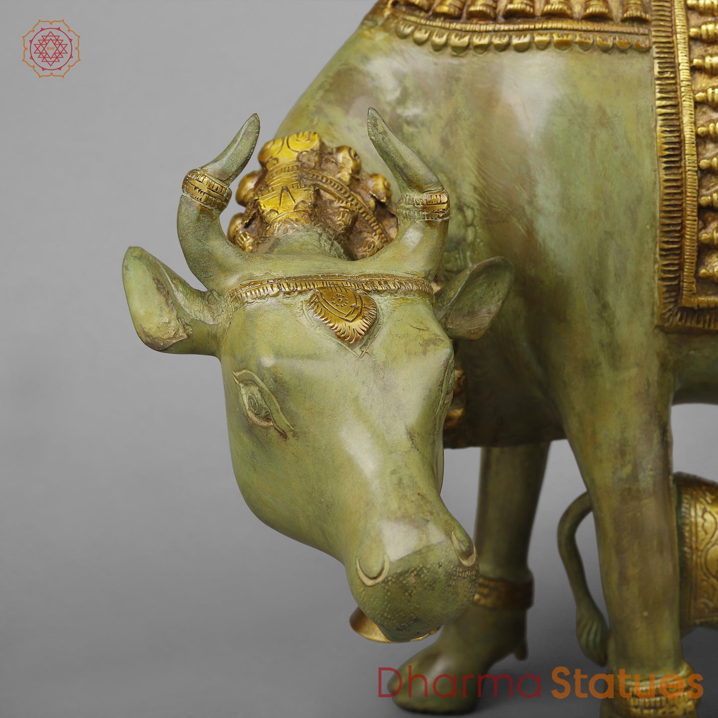 Brass Cow with Calf, Green Patina & Golden Finish, 12"