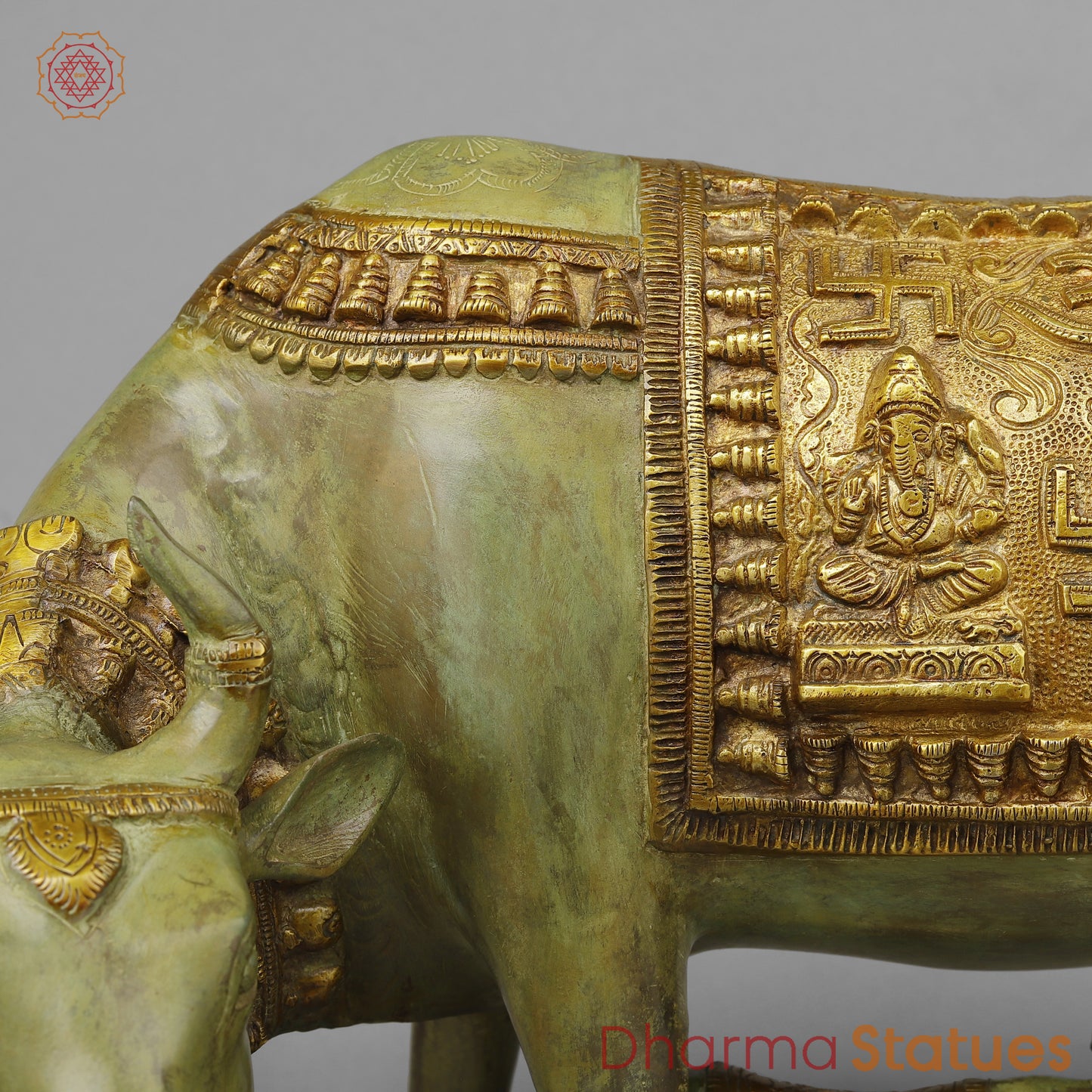 Brass Cow with Calf, Green Patina & Golden Finish, 12"