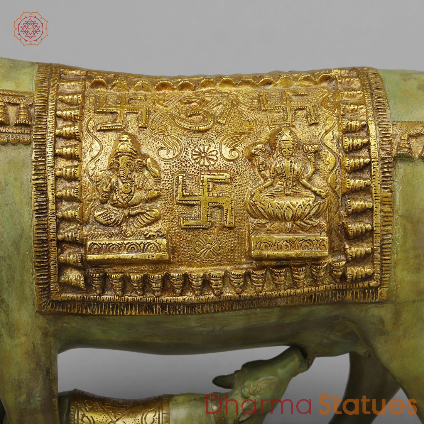 Brass Cow with Calf, Green Patina & Golden Finish, 12"