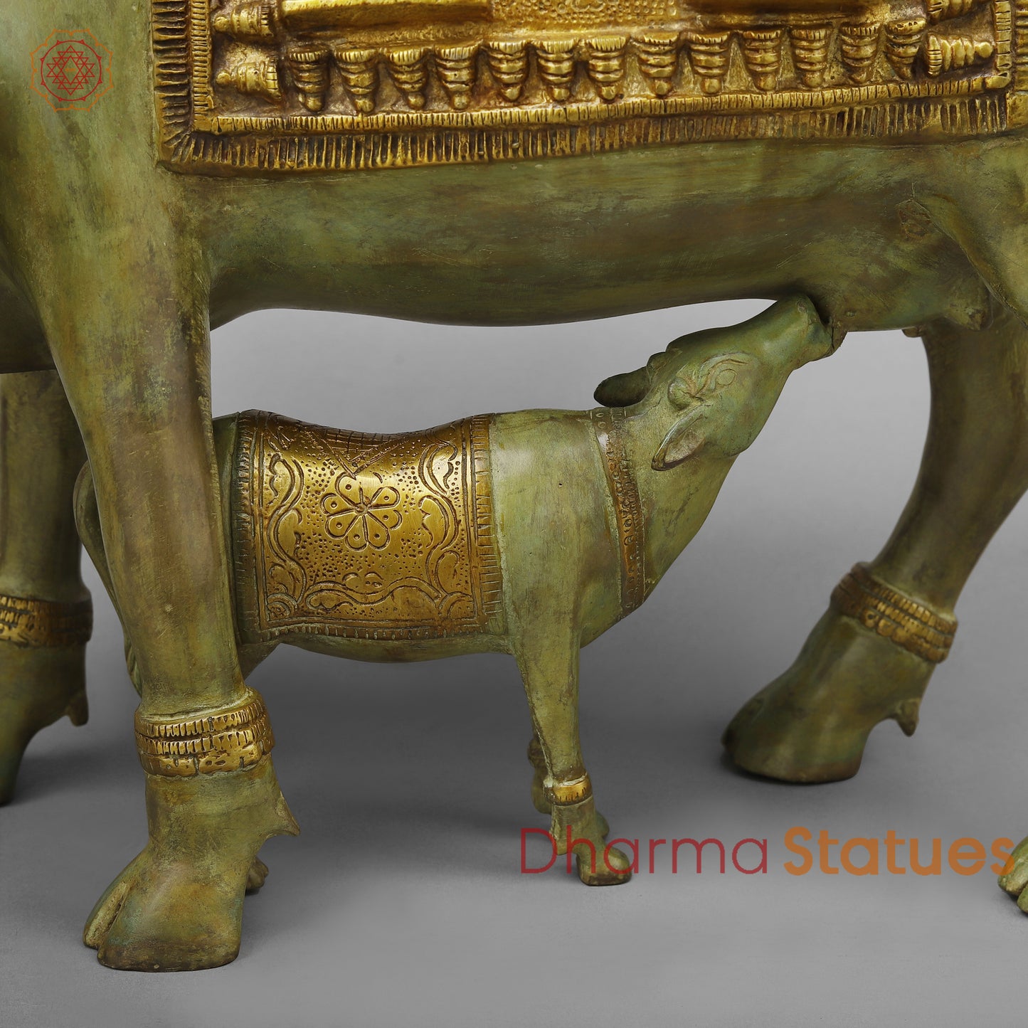 Brass Cow with Calf, Green Patina & Golden Finish, 12"