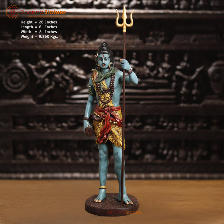 Brass Lord Shiva Statue, Shiva Standing Holding Trident, colorful texture 26" front view