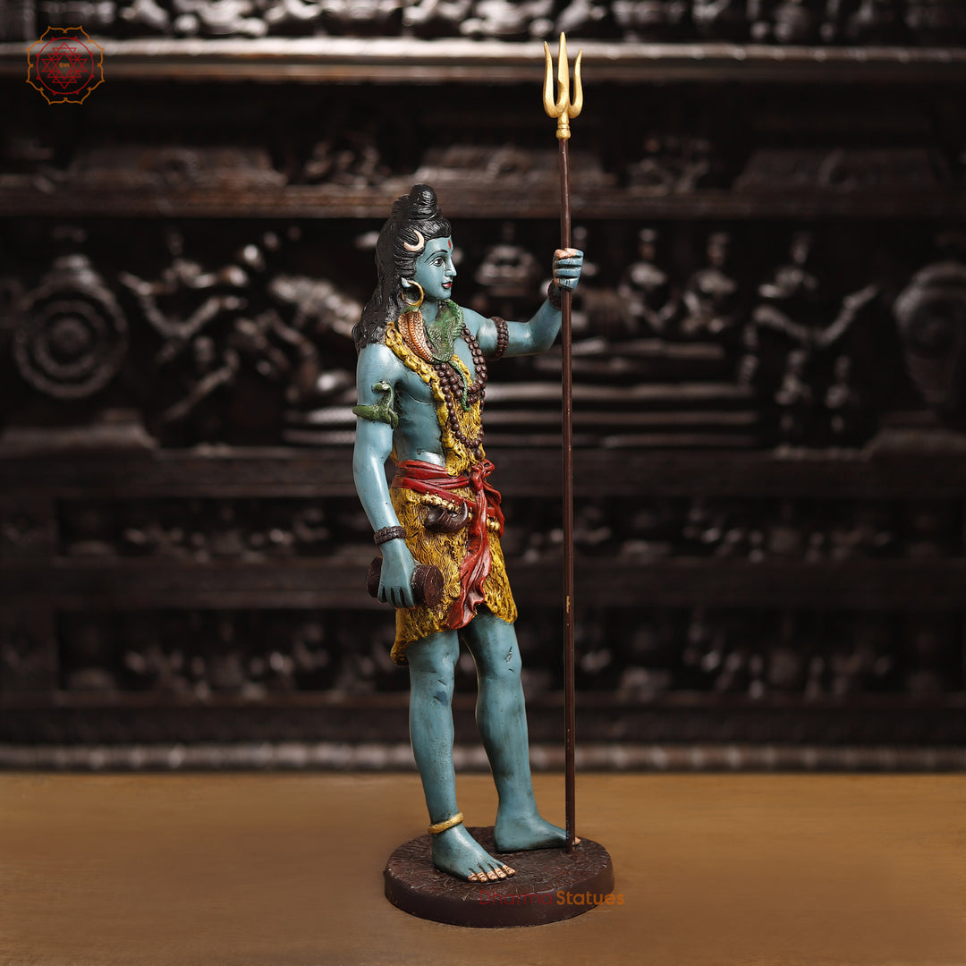 Brass Lord Shiva Statue, Shiva Standing Holding Trident, colorful texture 26" side view