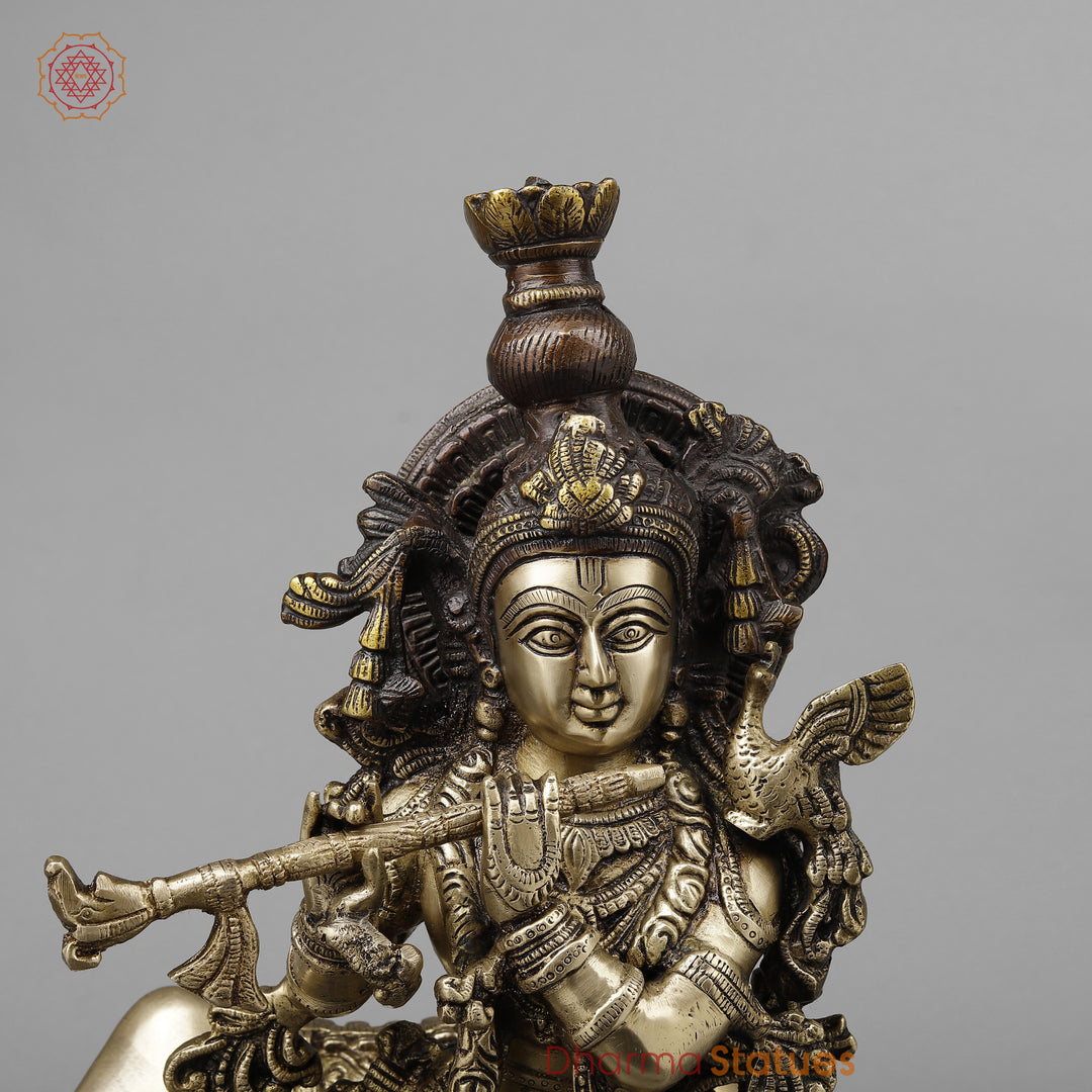 Brass Krishna Playing Flute with Cow, Golden & Copper Finish, 21"