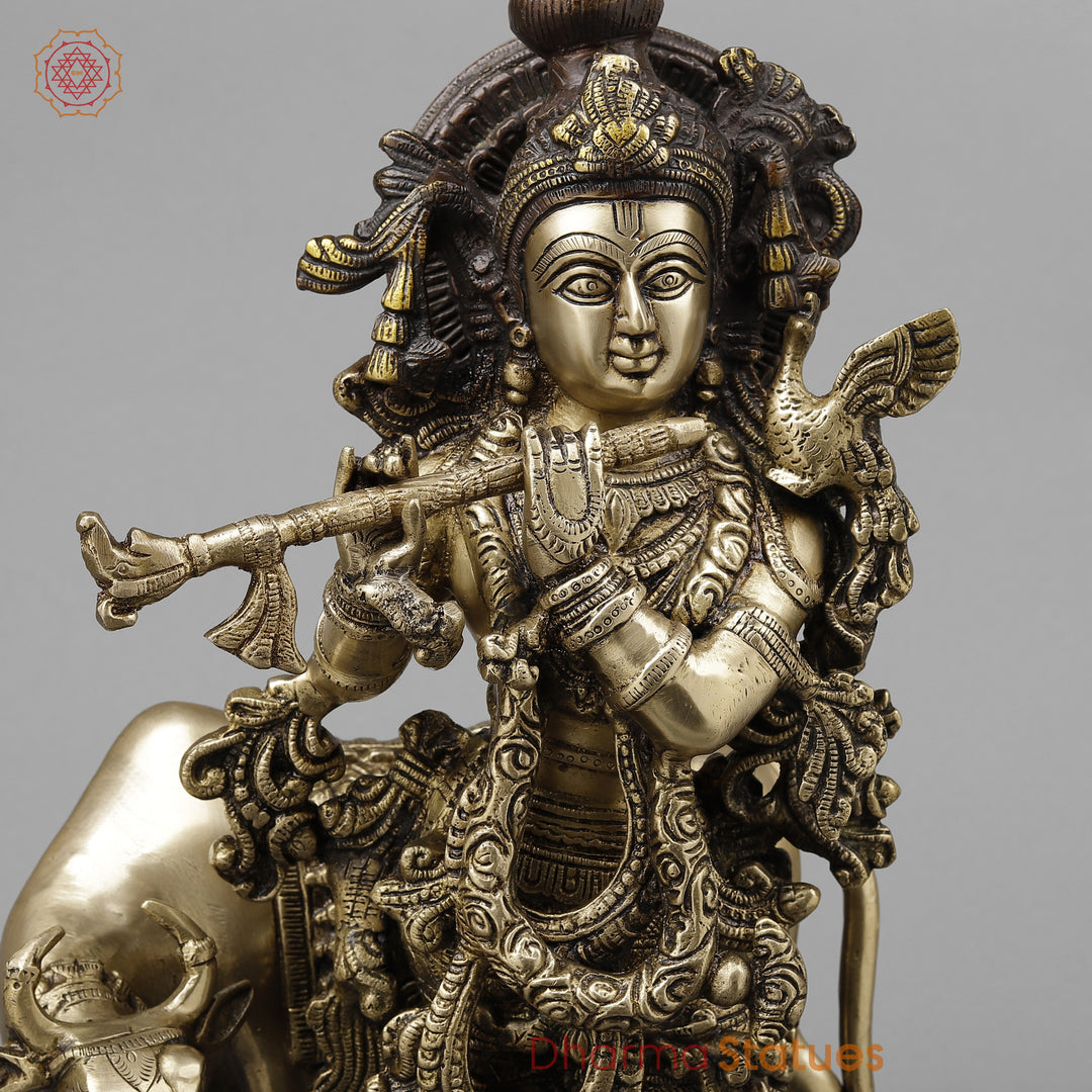 Brass Krishna Playing Flute with Cow, Golden & Copper Finish, 21"