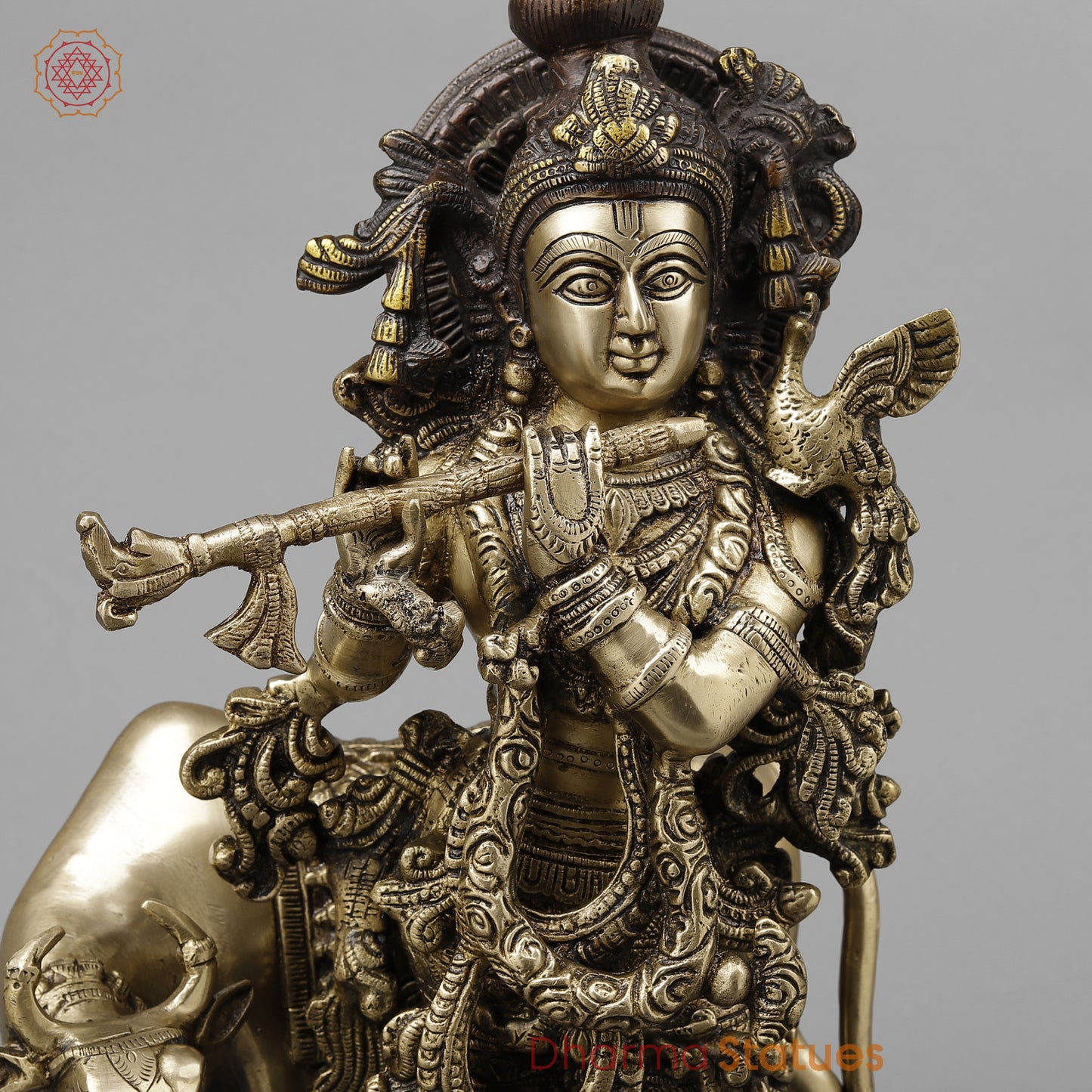 Brass Krishna Playing Flute with Cow, Golden & Copper Finish, 21"