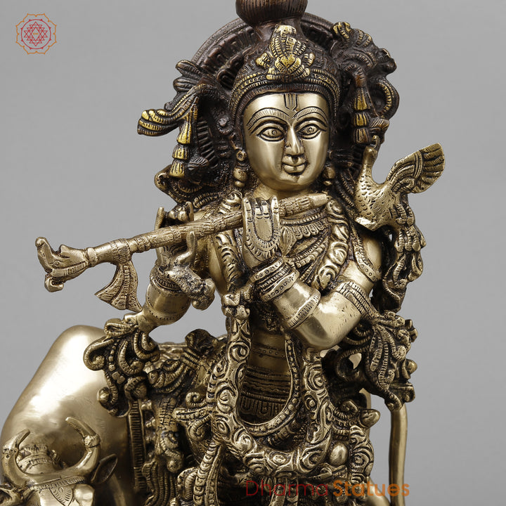 Brass Krishna Playing Flute with Cow, Golden & Copper Finish, 21"