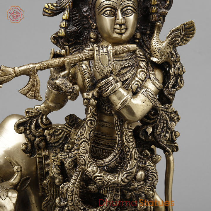 Brass Krishna Playing Flute with Cow, Golden & Copper Finish, 21"