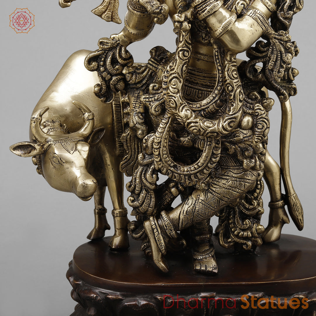 Brass Krishna Playing Flute with Cow, Golden & Copper Finish, 21"
