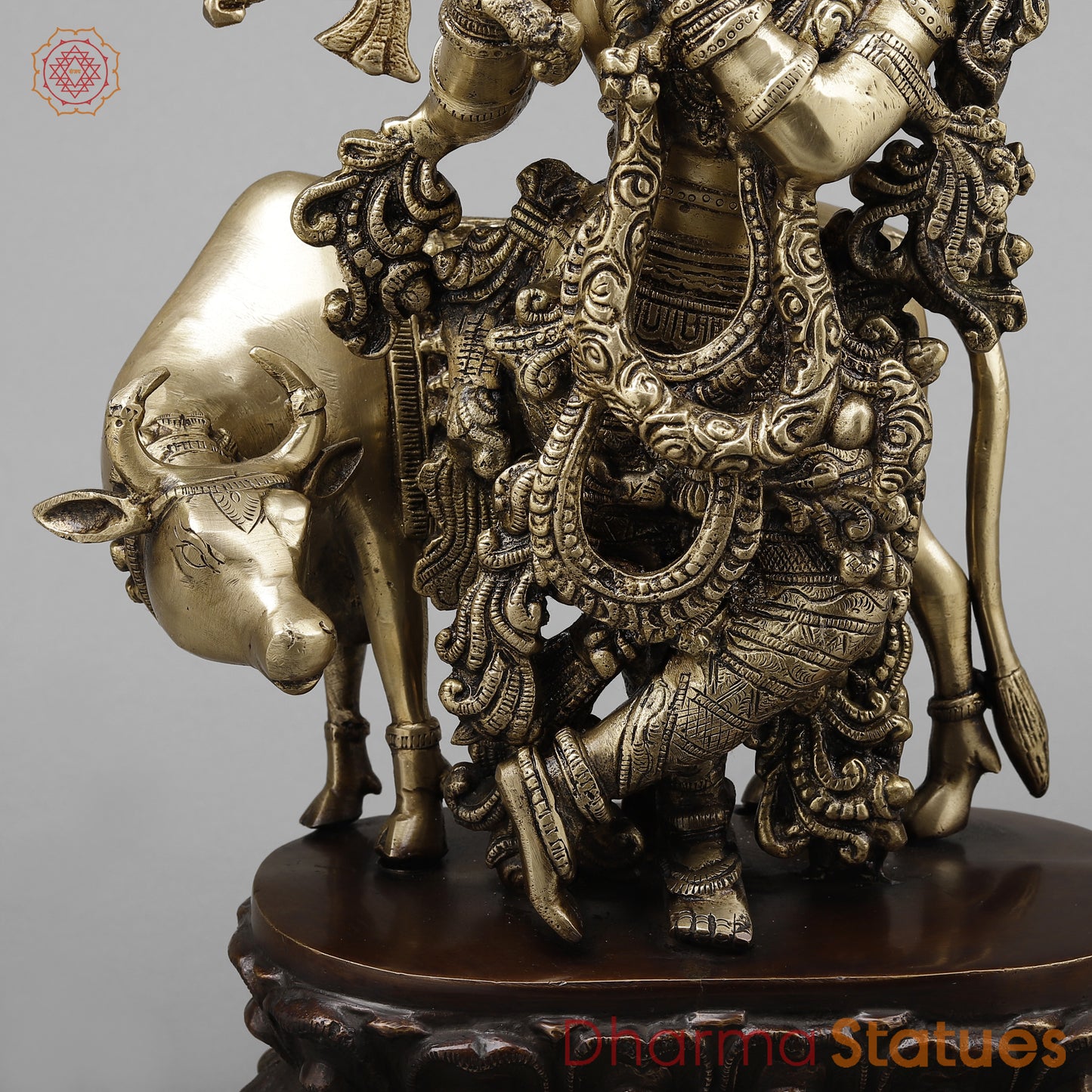 Brass Krishna Playing Flute with Cow, Golden & Copper Finish, 21"