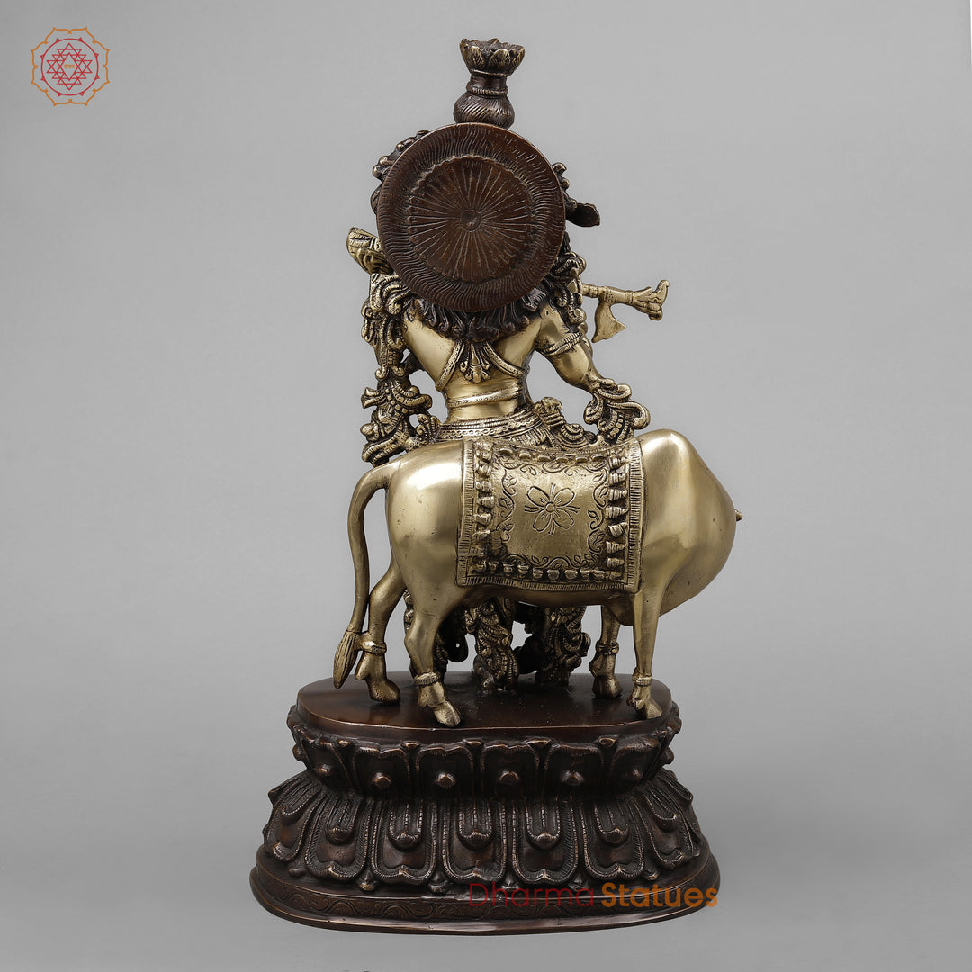 Brass Krishna Playing Flute with Cow, Golden & Copper Finish, 21"