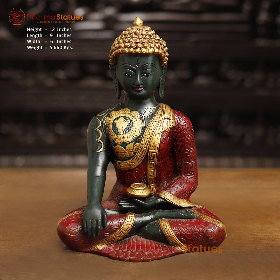 Brass Buddha Statue, Lord Buddha in Sakyamuni Posture Red & Golden finish 12" Front View