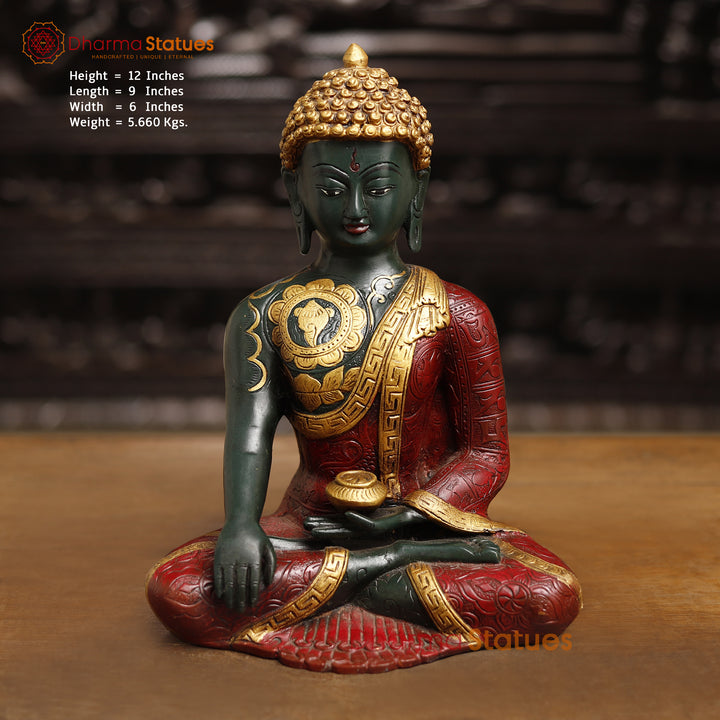 Brass Buddha Statue, Lord Buddha in Sakyamuni Posture Red & Golden finish 12" Front View