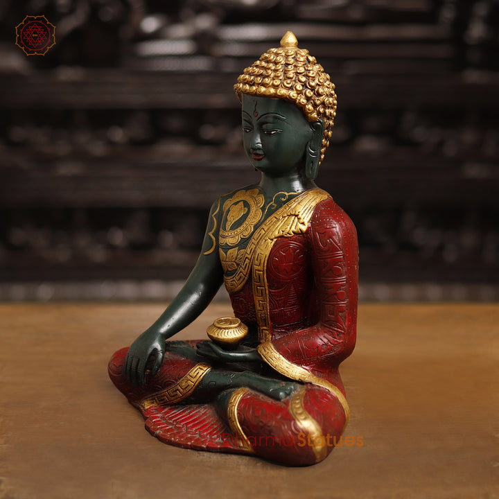 Brass Buddha Statue, Sakyamuni Posture, Red & Golden finish 12"