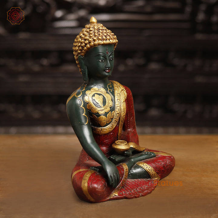 Brass Buddha Statue, Sakyamuni Posture, Red & Golden finish 12"