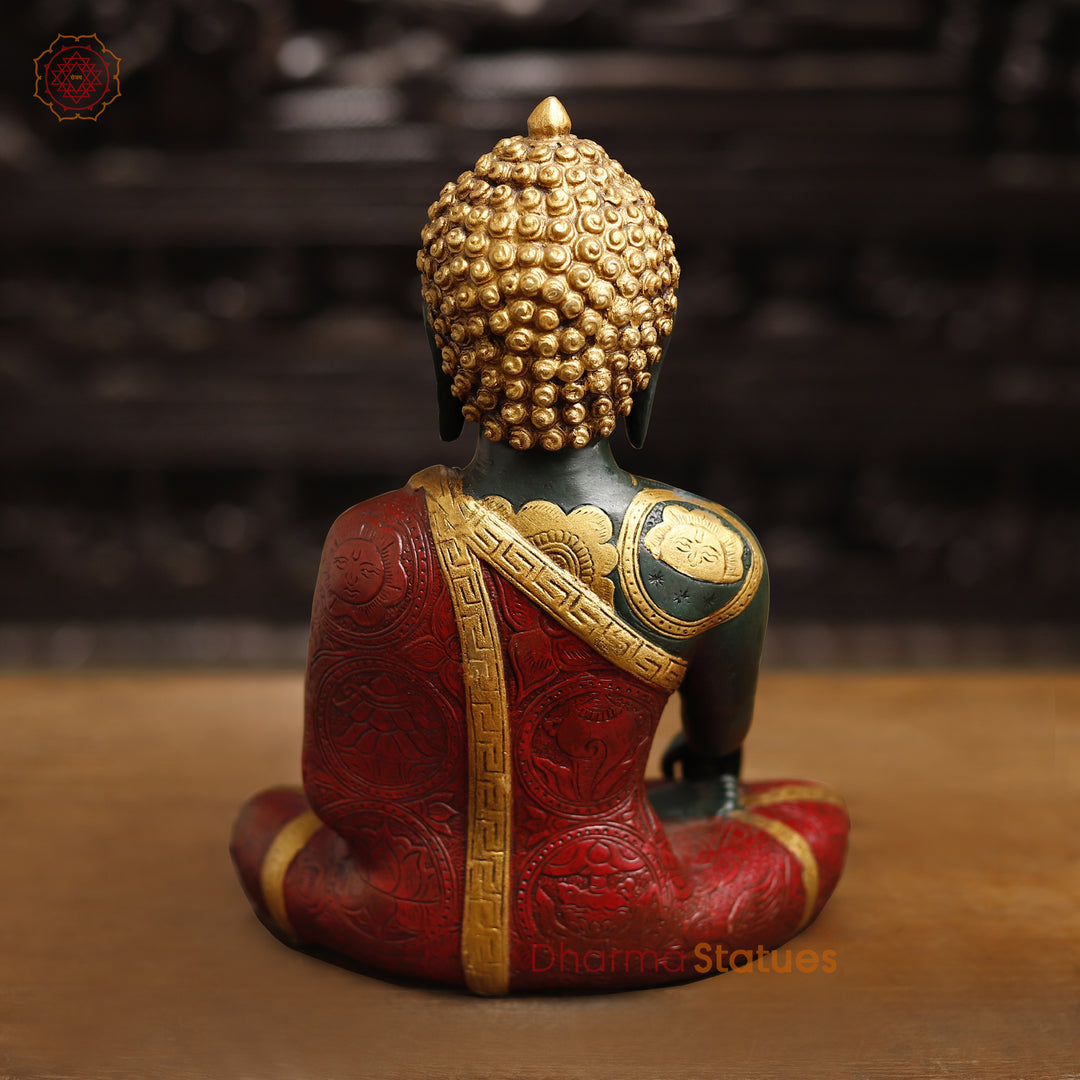 Brass Buddha Statue, Sakyamuni Posture, Red & Golden finish 12"