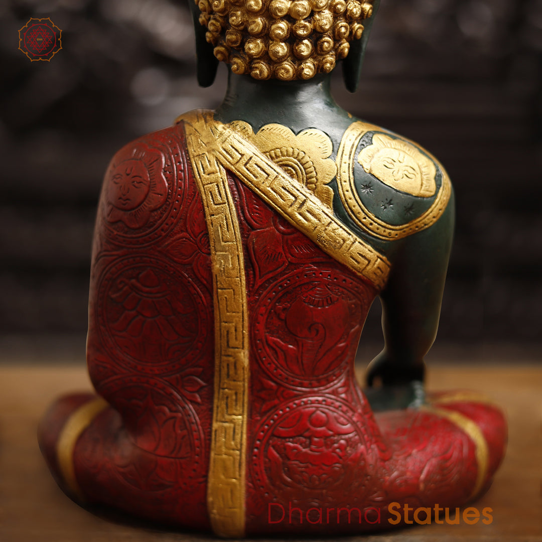 Brass Buddha Statue, Sakyamuni Posture, Red & Golden finish 12"