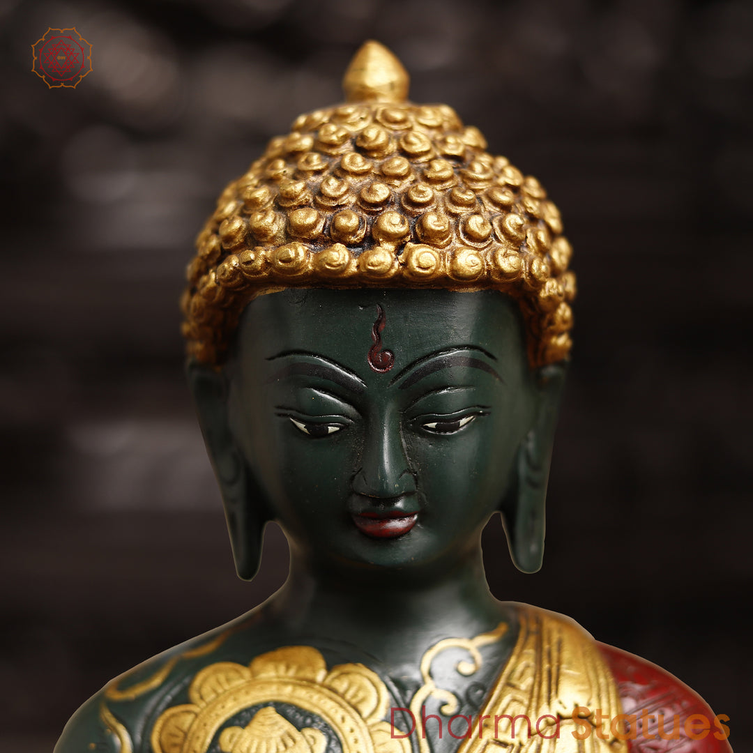 Brass Buddha Statue, Sakyamuni Posture, Red & Golden finish 12"