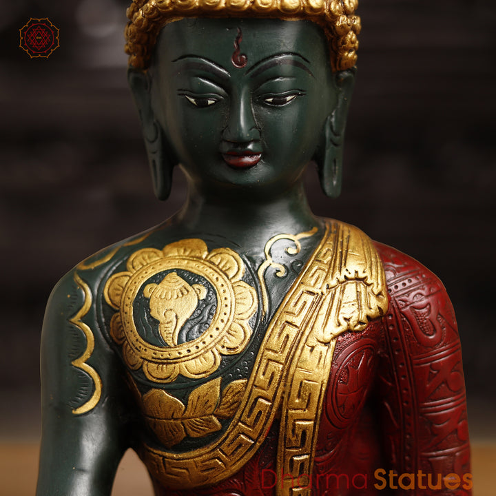 Brass Buddha Statue, Sakyamuni Posture, Red & Golden finish 12"