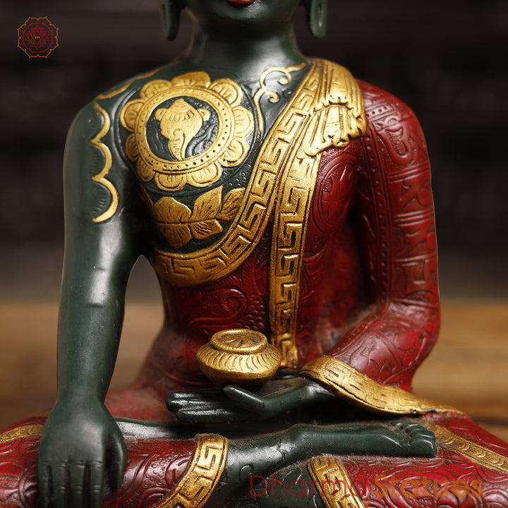 Brass Buddha Statue, Sakyamuni Posture, Red & Golden finish 12"