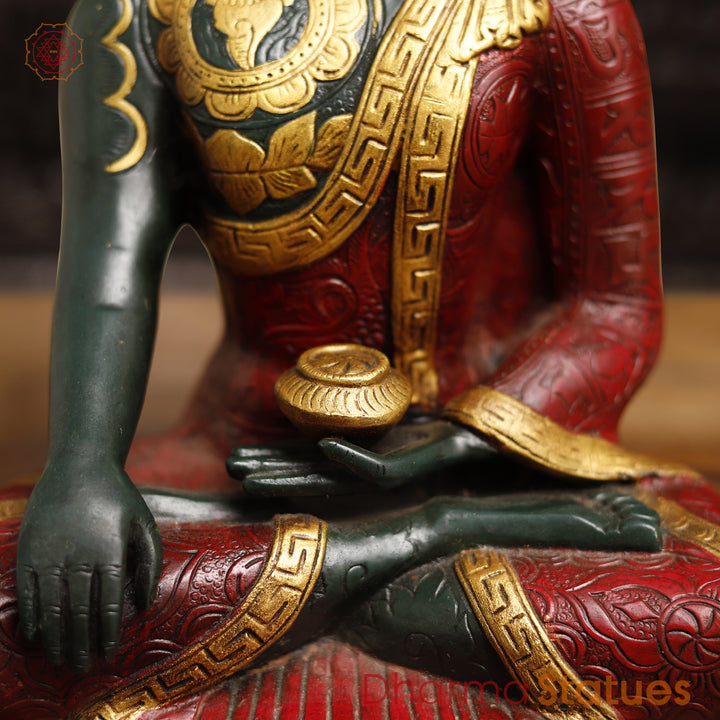 Brass Buddha Statue, Sakyamuni Posture, Red & Golden finish 12"