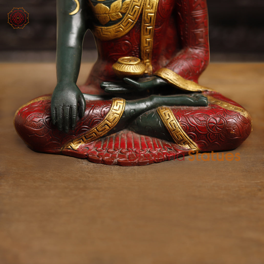 Brass Buddha Statue, Sakyamuni Posture, Red & Golden finish 12"