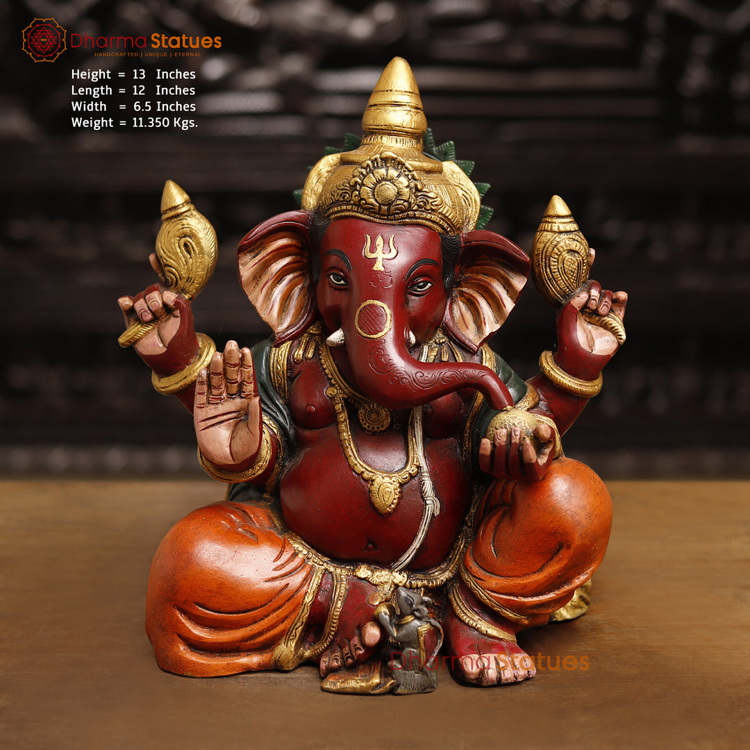 Brass Lord Ganesh Statue, seated in Blessing Posture, multicolor texture 13" Front View