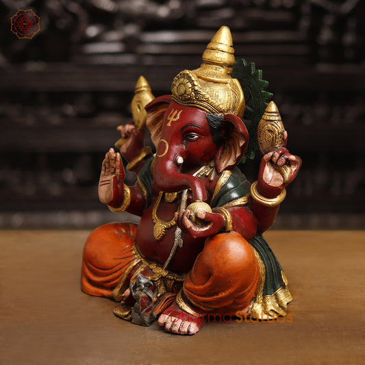 Brass Lord Ganesh Statue, seated in Blessing Posture, multicolor texture 13"