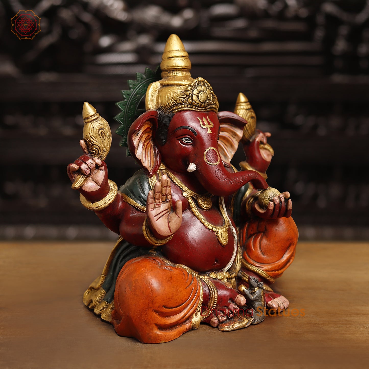 Brass Lord Ganesh Statue, seated in Blessing Posture, multicolor texture 13"