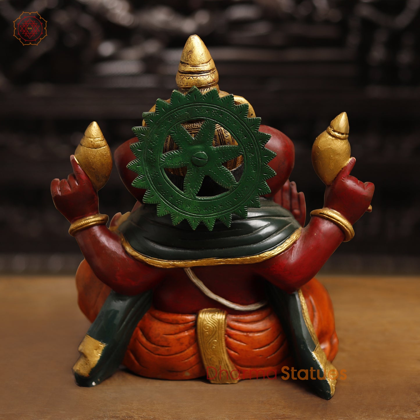 Brass Lord Ganesh Statue, seated in Blessing Posture, multicolor texture 13"