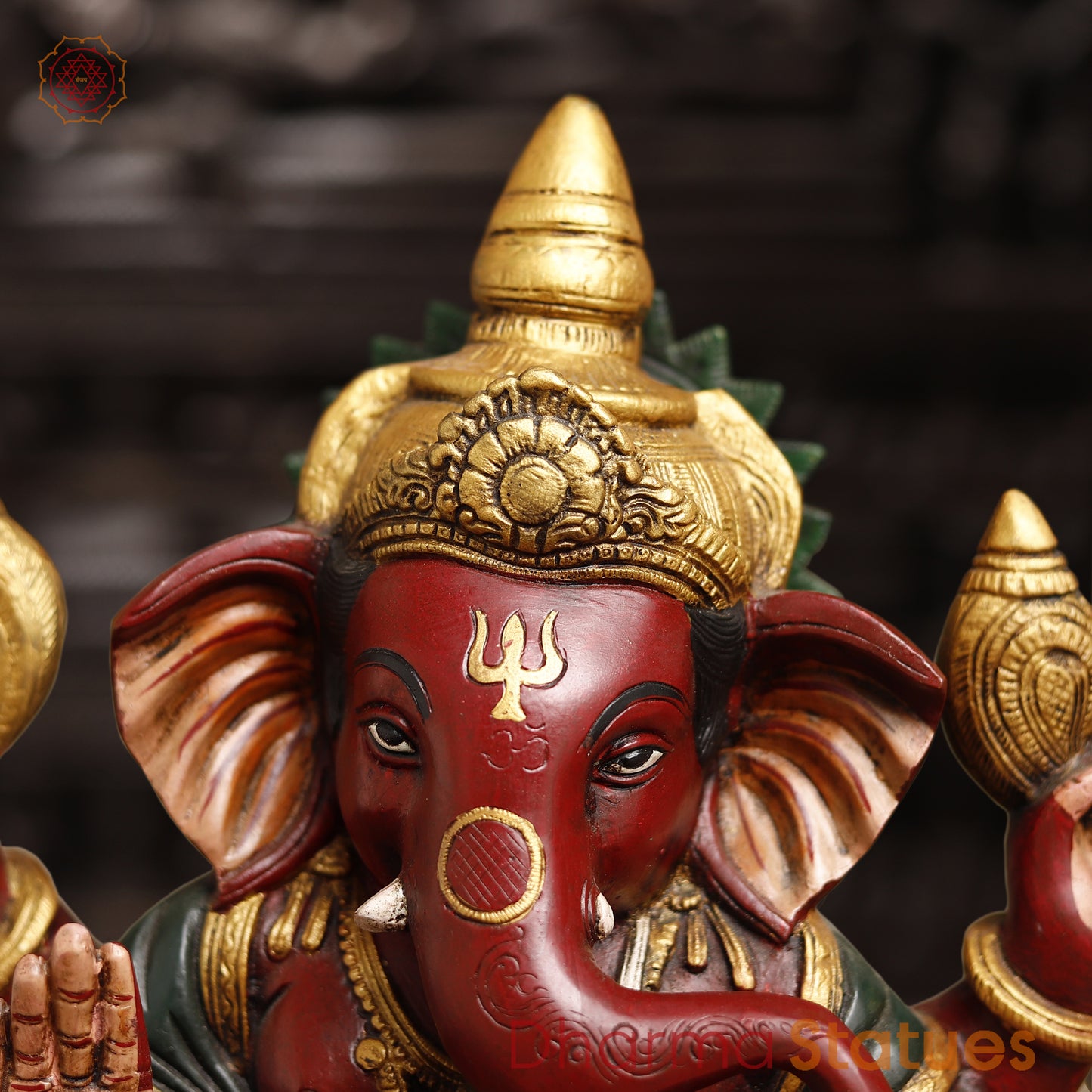 Brass Lord Ganesh Statue, seated in Blessing Posture, multicolor texture 13"