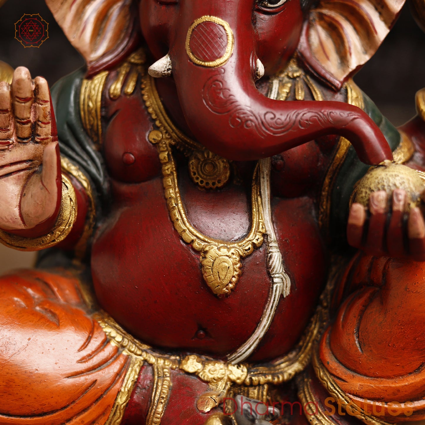 Brass Lord Ganesh Statue, seated in Blessing Posture, multicolor texture 13"