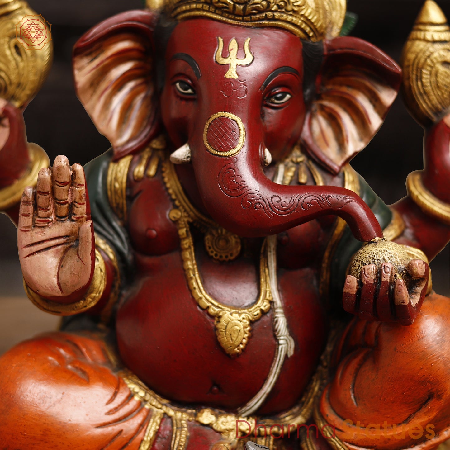 Brass Lord Ganesh Statue, seated in Blessing Posture, multicolor texture 13"