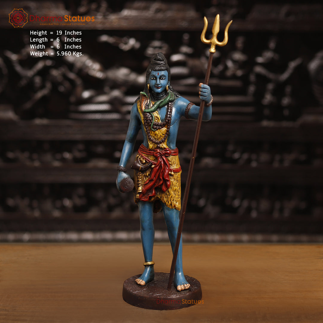 Brass Lord Shiva Statue, Shiva Standing Holding Trident, colorful texture 19" front view