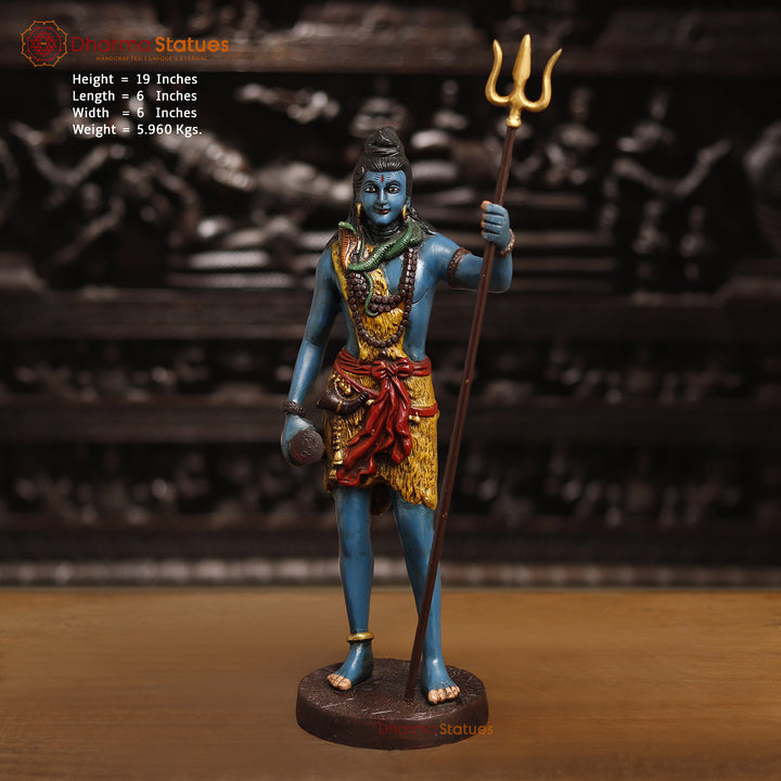 Brass Lord Shiva Statue, Shiva Standing Holding Trident, colorful texture 19" front view