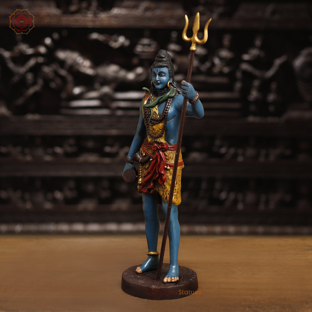 Brass Lord Shiva Statue, Shiva Standing Holding Trident, colorful texture 19" side view