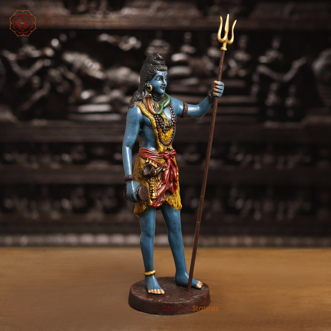 Brass Lord Shiva Statue, Shiva Standing Holding Trident, colorful texture 19" side view