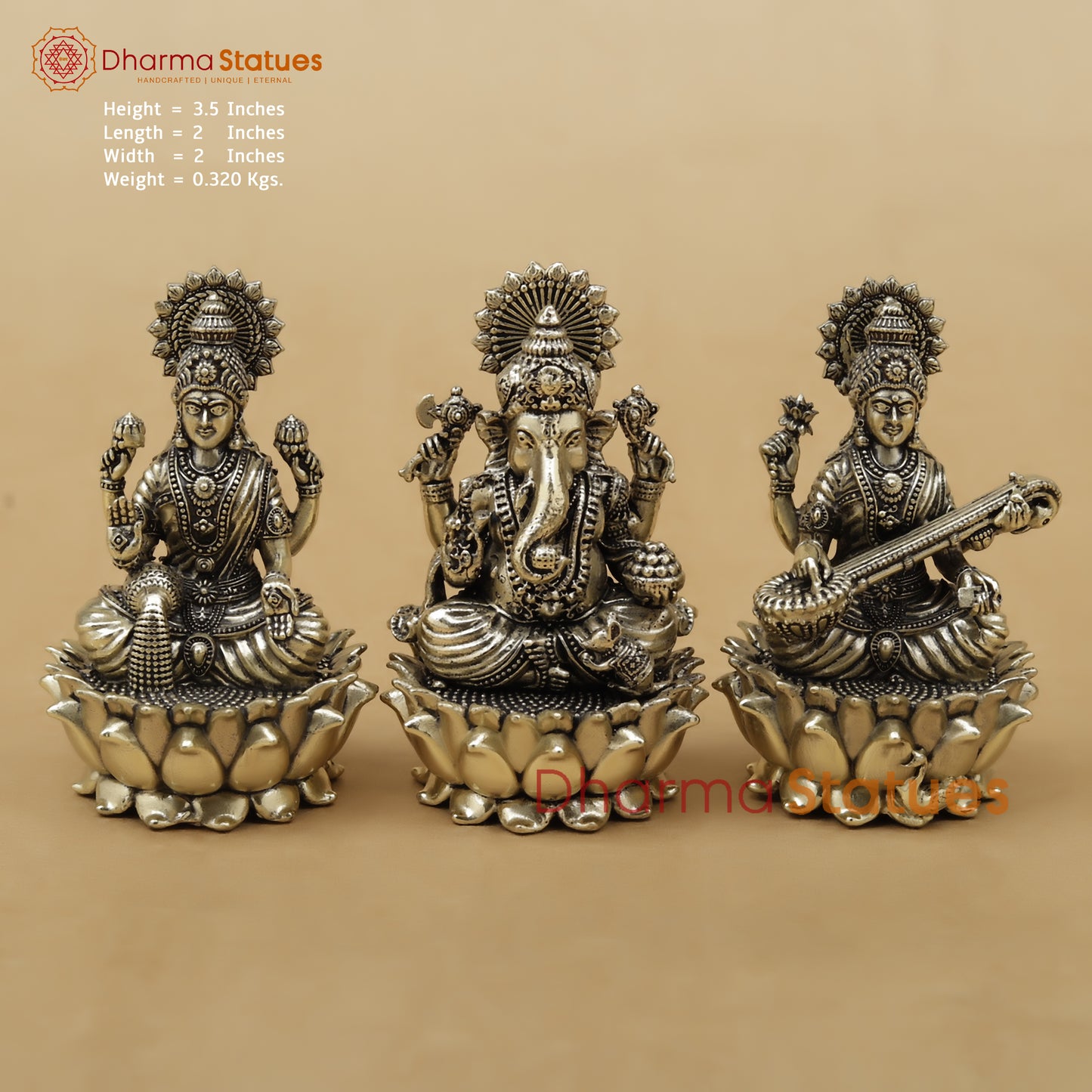 Brass Lakshmi Ganesh Saraswati Fine, 3.5"