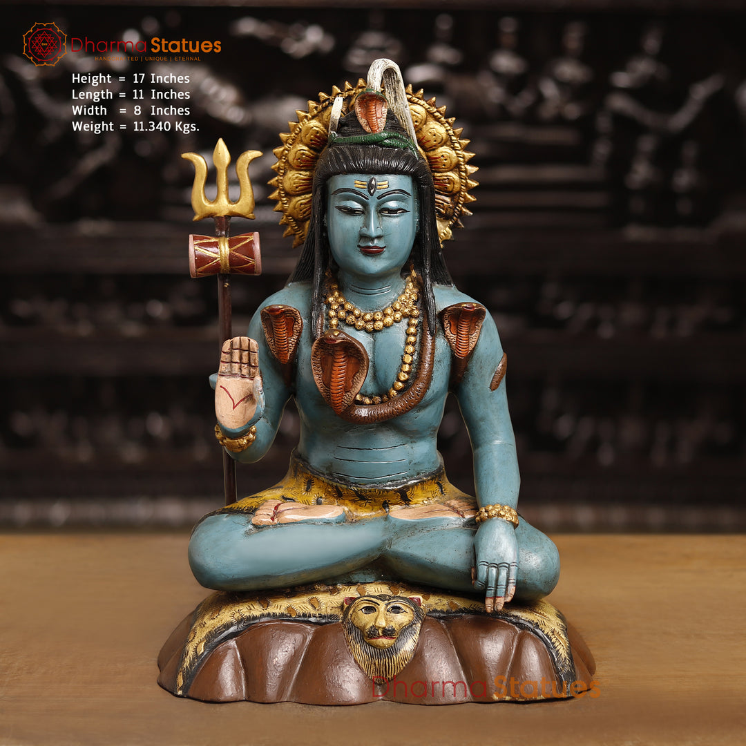 Brass Lord Shiva Statue, Lord Shiva Sitting in Blessing Posture, multicolor Finish 17" front view