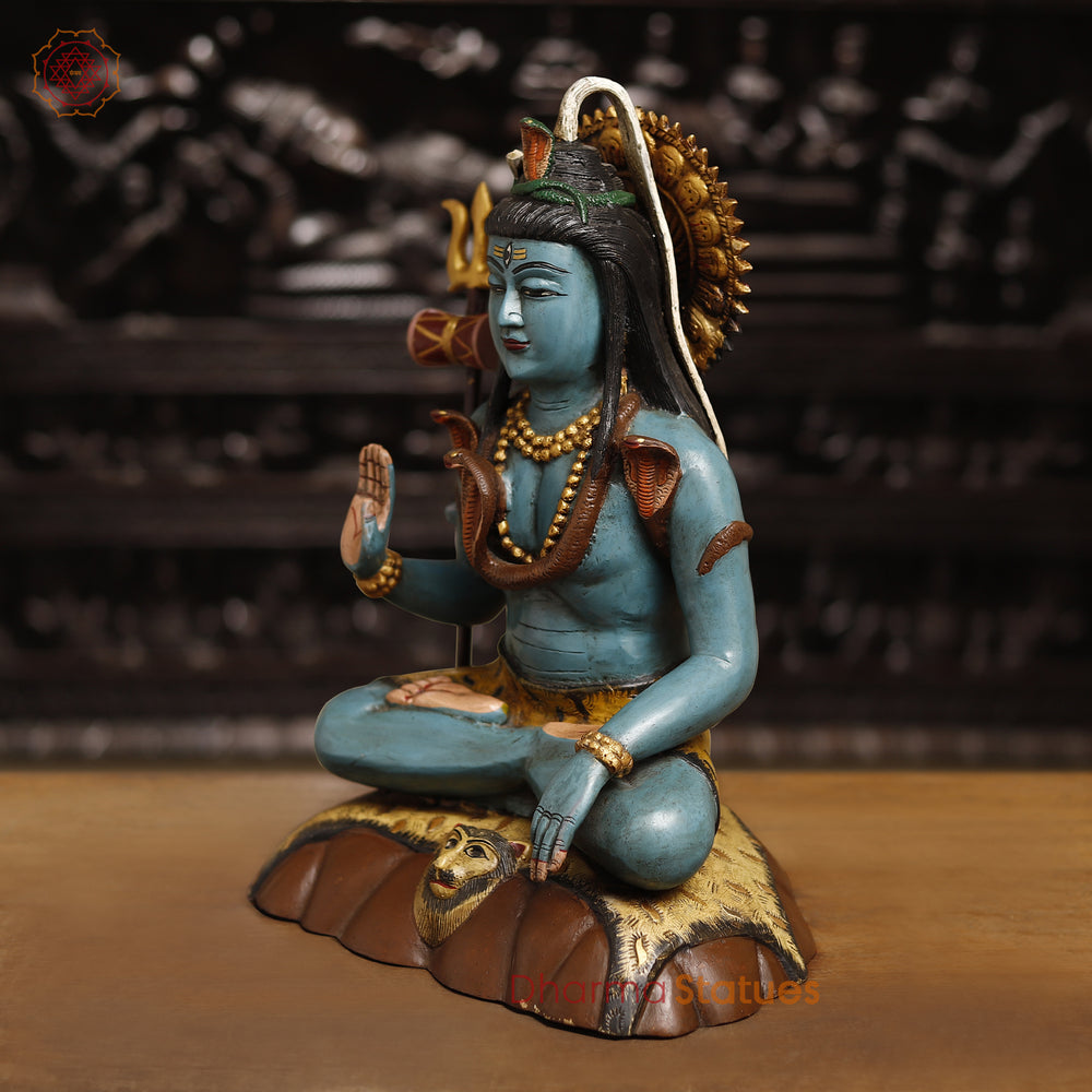 Brass Lord Shiva Statue, Lord Shiva Sitting in Blessing Posture, multicolor Finish 17" side view