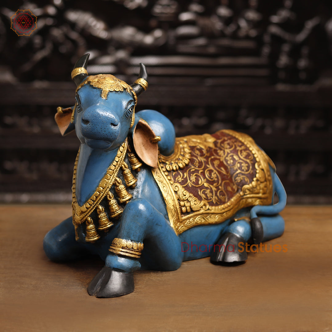 Brass Nandi Statue, Regal Nandi in Vibrant Ceremonial Attire, 14"