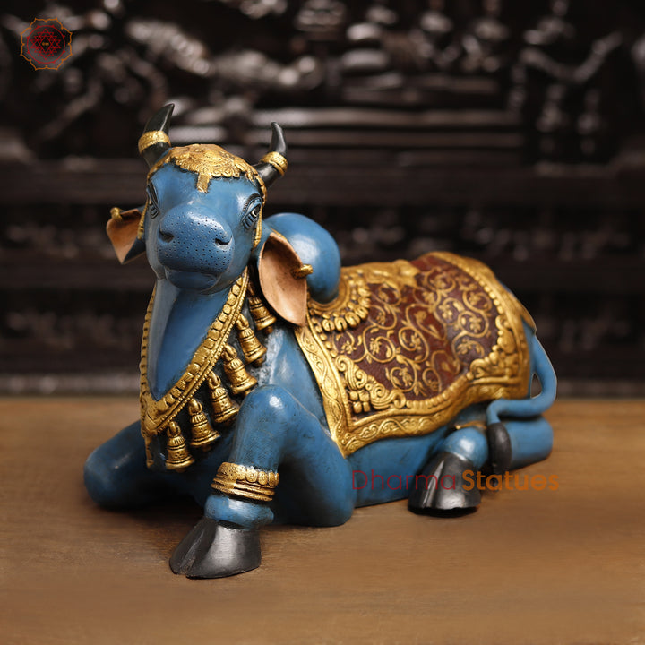 Brass Nandi Statue, Regal Nandi in Vibrant Ceremonial Attire, 14"