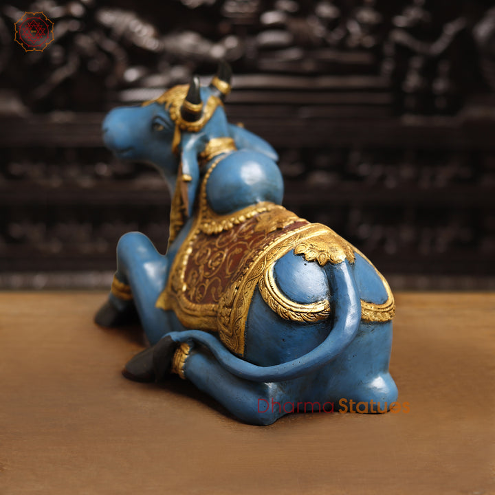 Brass Nandi Statue, Regal Nandi in Vibrant Ceremonial Attire, 14"